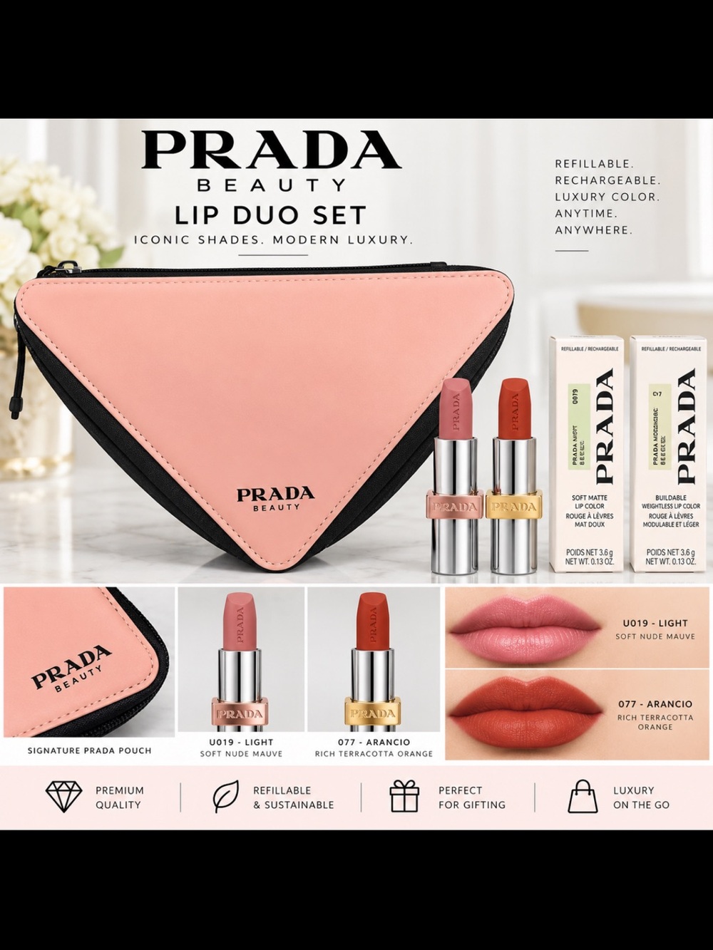 Prada Lip Duo Set with Pink Pouch - U019 Light & 077 Arancio